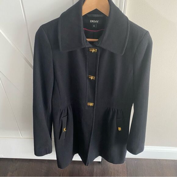 NWOT DKNY Turn Lock Babydoll Wool Coat-Black - Picture 4 of 7